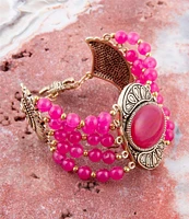 Barse Bronze and Fuchsia Agate Genuine Stone Toggle Statement Line Bracelet