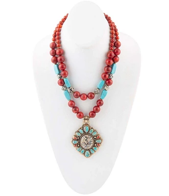 Barse Bronze and Genuine Dalmatian Jasper and Turquoise Magnesite and Coral Stone Statement Necklace