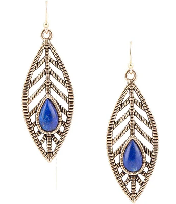 Barse Bronze and Genuine Lapis Stone Leaf Drop Earrings