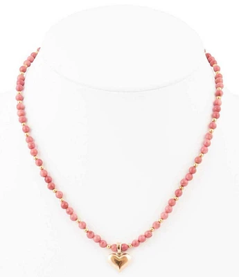 Barse Bronze and Genuine Rhodonite Heart Charm Beaded Short Pendant Necklace