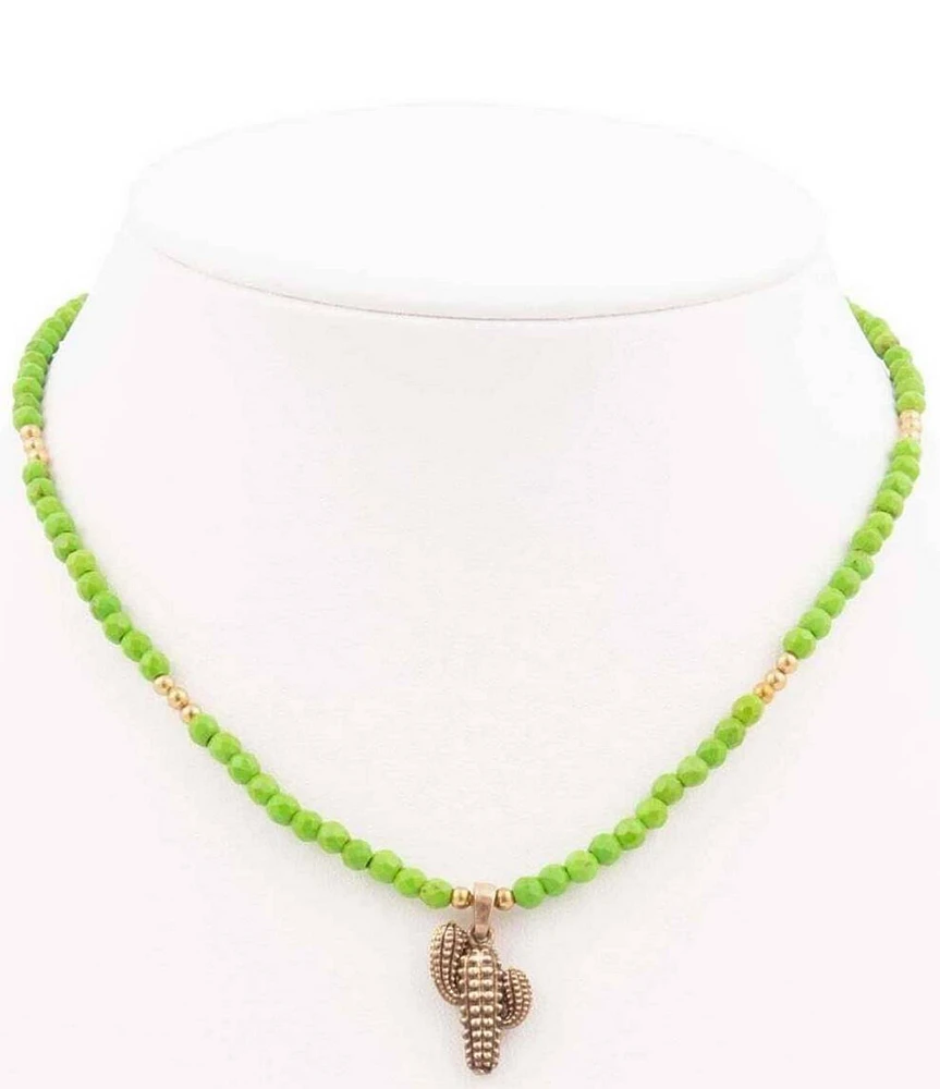 Barse Bronze and Genuine Stone Cactus Charm Short Pendant Necklace