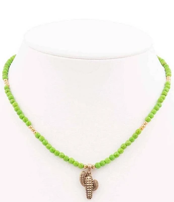 Barse Bronze and Genuine Stone Cactus Charm Short Pendant Necklace