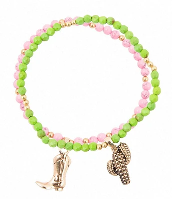 Barse Bronze and Genuine Stone Cactus Charm Stretch Bracelet Set