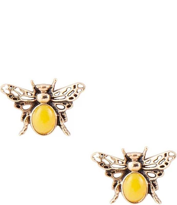 Barse Bronze and Genuine Yellow Agate Stone Bee Stud Earrings