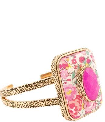 Barse Bronze, Fuchsia Agate and Floral Fabric Cuff Bracelet