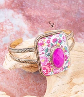 Barse Bronze, Fuchsia Agate and Floral Fabric Cuff Bracelet