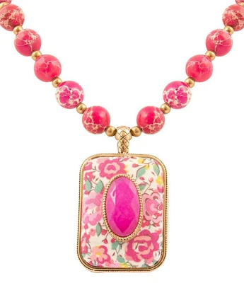 Barse Bronze, Fuchsia Agate and Floral Fabric Short Pendant Necklace