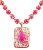 Barse Bronze, Fuchsia Agate and Floral Fabric Short Pendant Necklace
