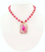 Barse Bronze, Fuchsia Agate and Floral Fabric Short Pendant Necklace