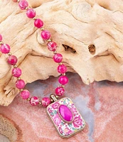 Barse Bronze, Fuchsia Agate and Floral Fabric Short Pendant Necklace