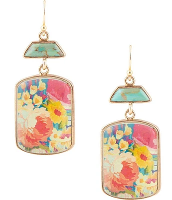 Barse Bronze Genuine Turquoise and Quartz Floral Painting Drop Earrings