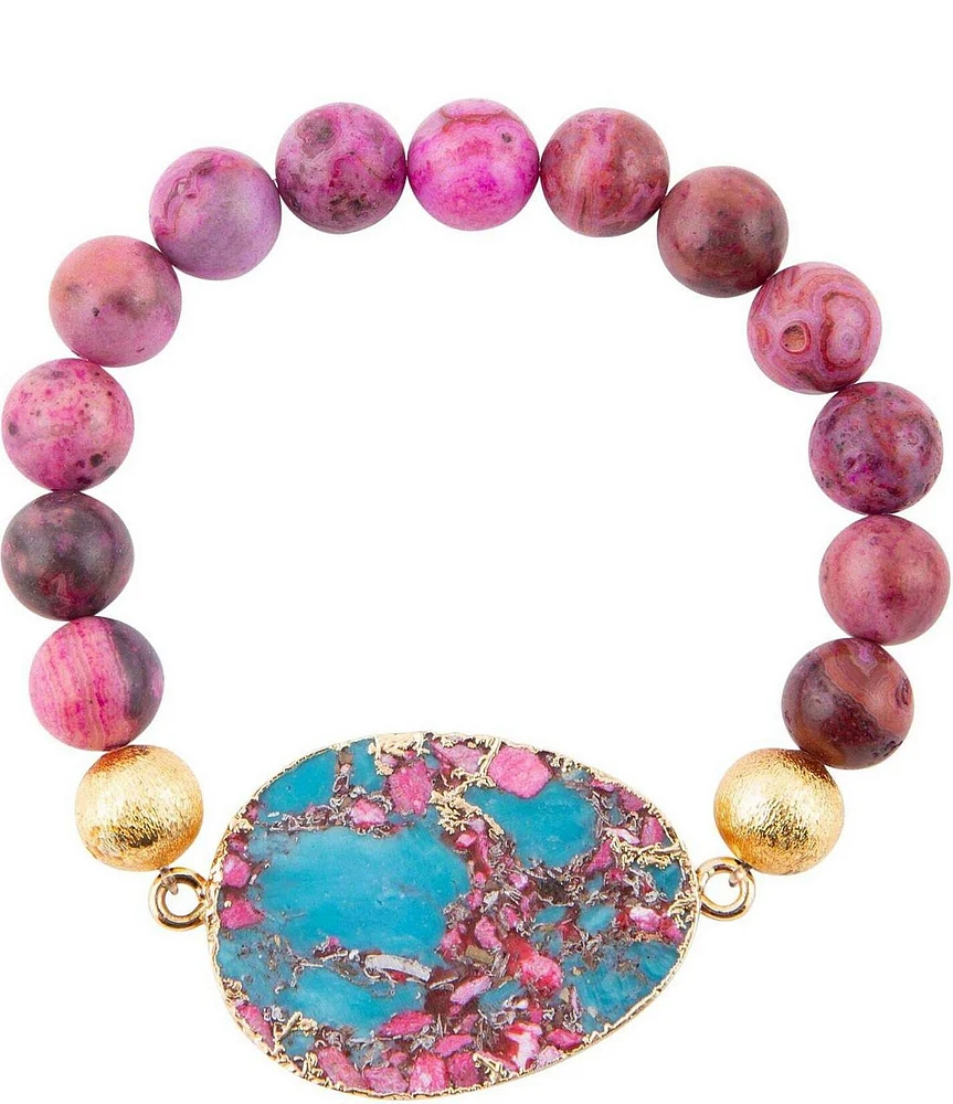 Barse Fuchsia Agate and Jasper Genuine Stone Stretch Bracelet