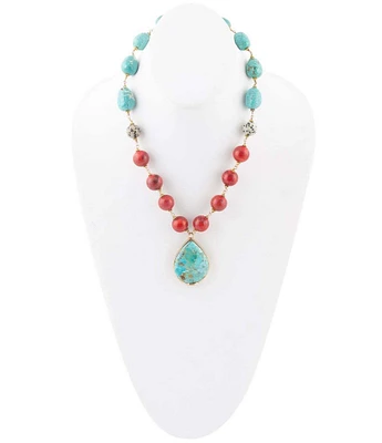 Barse Genuine Coral and Turquoise Magnesite and Dalmatian Jasper Short Pendant Necklace