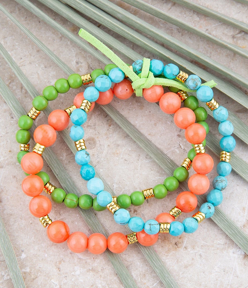 Barse Genuine Magnesite and Coral Stone Three Row Beaded Stretch Bracelet Set