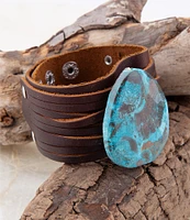 Barse Genuine Ocean Agate Stone Leather Snap Back Cuff Bracelet