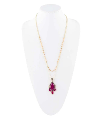 Barse Genuine Carnelian and Quartz Stone Long Drop Pendant Necklace