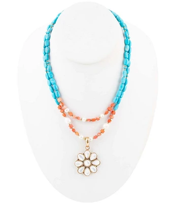 Barse Genuine Stone Mother-of-Pearl Beaded Short Pendant Coral Statement Necklace
