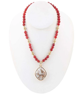 Barse Genuine White Calcite and Carnelian Short Pendant Necklace