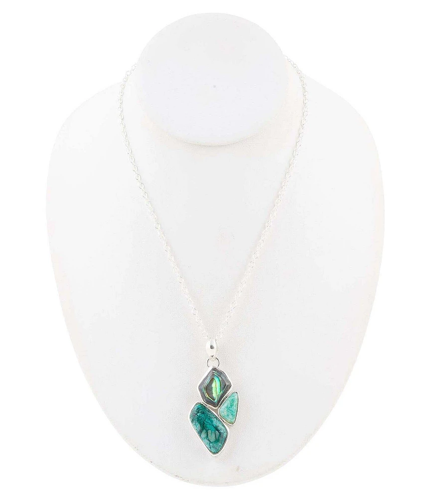 Barse Sterling Silver, Abalone and Chrysocolla Genuine Stone Short Pendant Necklace