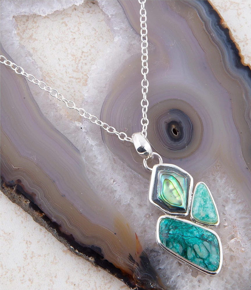 Barse Sterling Silver, Abalone and Chrysocolla Genuine Stone Short Pendant Necklace