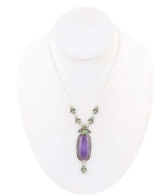 Barse Sterling Silver and Genuine Purple Quartz and Turquoise Stone Southwest Floral Y Necklace