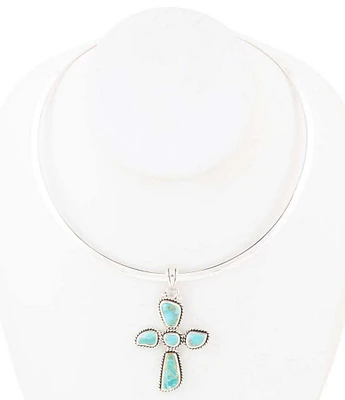 Barse Sterling Silver and Genuine Turquoise Cross Short Pendant Necklace