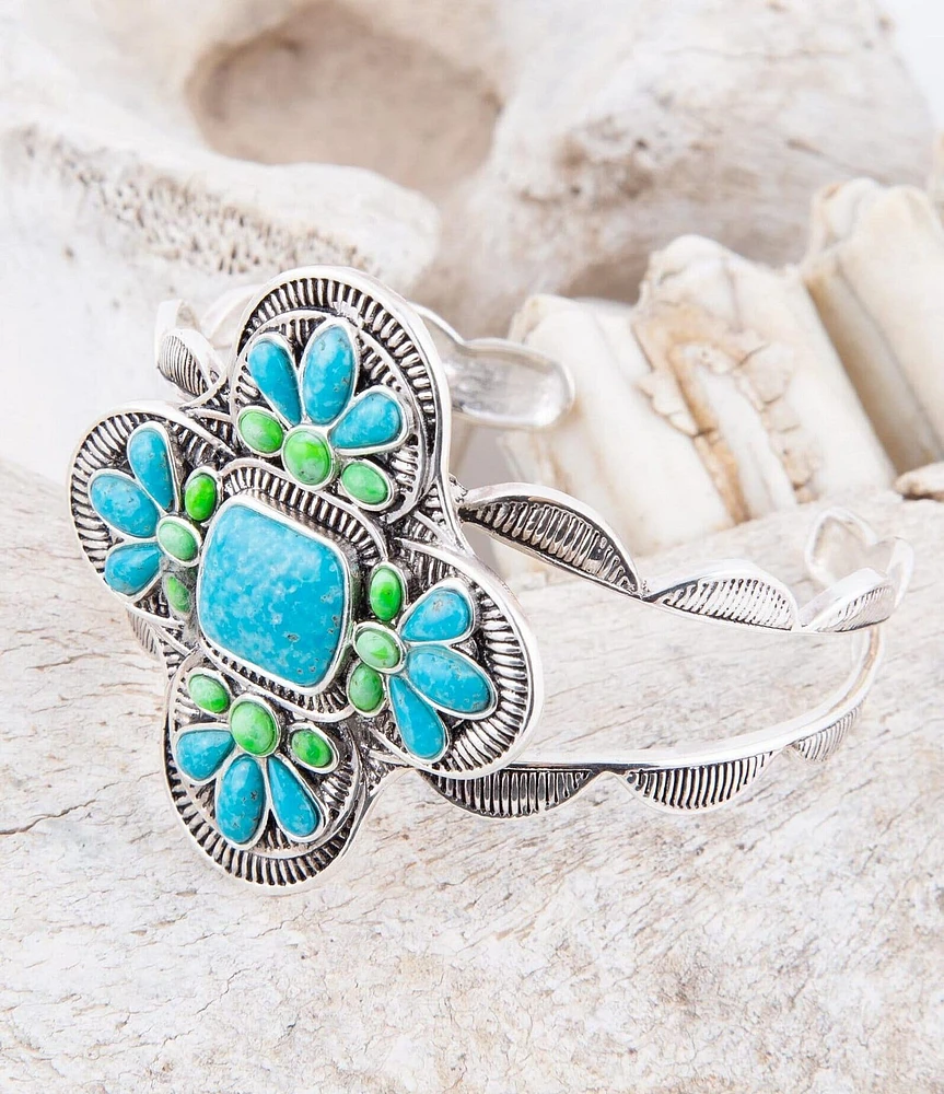 Barse Sterling Silver and Turquoise Green Genuine Stone Cross Cuff Bracelet