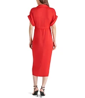 Steve Madden Tori Satin Point Collar Short Kimono Cuff Sleeve Belted Ruched Front Asymmetrical Hem Midi Shirt Dress