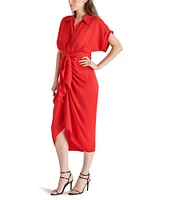 Steve Madden Tori Satin Point Collar Short Kimono Cuff Sleeve Belted Ruched Front Asymmetrical Hem Midi Shirt Dress