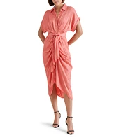 Steve Madden Tori Satin Point Collar Short Kimono Cuff Sleeve Belted Ruched Front Asymmetrical Hem Midi Shirt Dress
