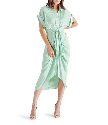 Steve Madden Tori Satin Point Collar Short Kimono Cuff Sleeve Belted Ruched Front Asymmetrical Hem Midi Shirt Dress