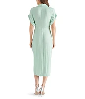 Steve Madden Tori Satin Point Collar Short Kimono Cuff Sleeve Belted Ruched Front Asymmetrical Hem Midi Shirt Dress
