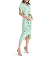 Steve Madden Tori Satin Point Collar Short Kimono Cuff Sleeve Belted Ruched Front Asymmetrical Hem Midi Shirt Dress