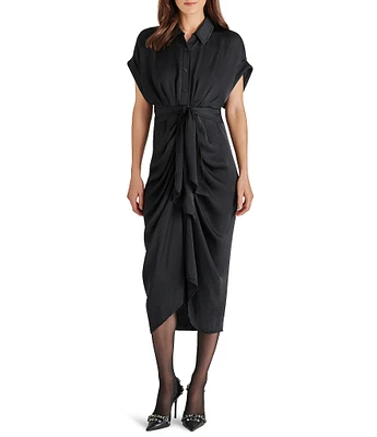 Steve Madden Tori Satin Point Collar Short Kimono Cuff Sleeve Belted Ruched Front Asymmetrical Hem Midi Shirt Dress