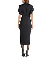 Steve Madden Tori Satin Point Collar Short Kimono Cuff Sleeve Belted Ruched Front Asymmetrical Hem Midi Shirt Dress