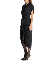 Steve Madden Tori Satin Point Collar Short Kimono Cuff Sleeve Belted Ruched Front Asymmetrical Hem Midi Shirt Dress