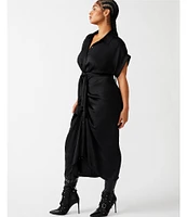 Steve Madden Tori Satin Point Collar Short Kimono Cuff Sleeve Belted Ruched Front Asymmetrical Hem Midi Shirt Dress