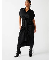 Steve Madden Tori Satin Point Collar Short Kimono Cuff Sleeve Belted Ruched Front Asymmetrical Hem Midi Shirt Dress