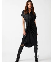 Steve Madden Tori Satin Point Collar Short Kimono Cuff Sleeve Belted Ruched Front Asymmetrical Hem Midi Shirt Dress