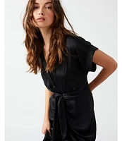 Steve Madden Tori Satin Point Collar Short Kimono Cuff Sleeve Belted Ruched Front Asymmetrical Hem Midi Shirt Dress