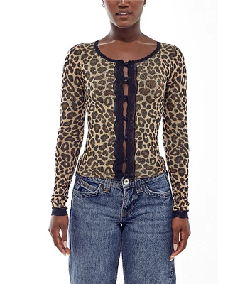 BDG Urban Outfitters Long Sleeve Leopard Printed Pointelle Cardigan