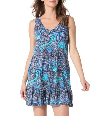 Beach House Samoan Floral Anna V-Neck Ruffle Hem Swim Cover-Up Dress