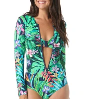 Beach House Tropical Paradise Sport Emerge Long Sleeve Ruched Zip Front One Piece Swimsuit