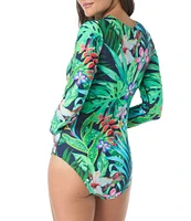 Beach House Tropical Paradise Sport Emerge Long Sleeve Ruched Zip Front One Piece Swimsuit
