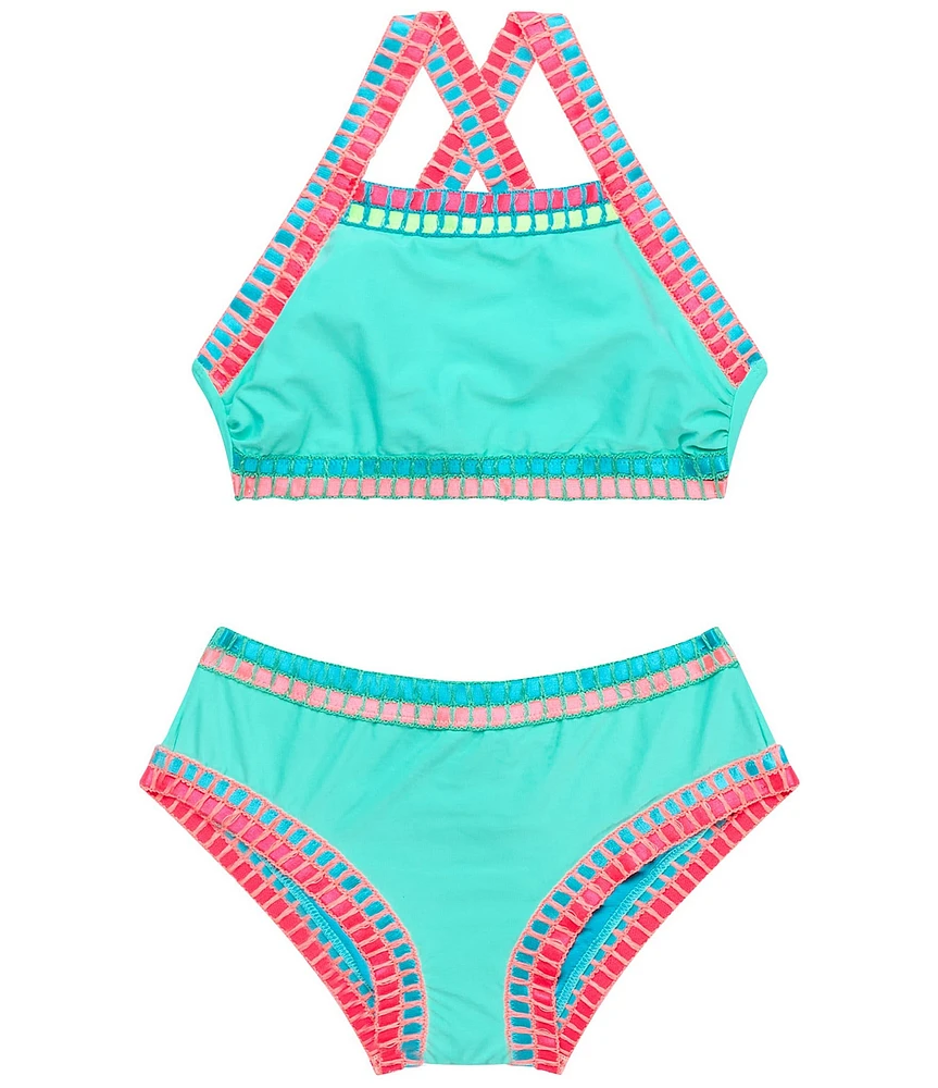 Beach Lingo Big Girls 7-16 X-Back Crosses Embroidered Binding Two-Piece Swimwear