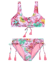 Beach Lingo Big Girls 7-16 Allover Floral Bralette & Hipster Pink Tassel Trim 2-Piece Swimsuit