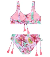 Beach Lingo Big Girls 7-16 Allover Floral Bralette & Hipster Pink Tassel Trim 2-Piece Swimsuit