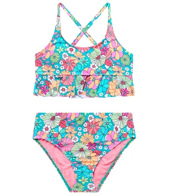 Beach Lingo Big Girls 7-16 Spaghetti Cross Back Straps Flower Printed Bralette Top & Hight Waist Bottom Two-Piece Swimsuit