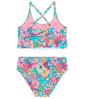 Beach Lingo Big Girls 7-16 Spaghetti Cross Back Straps Flower Printed Bralette Top & Hight Waist Bottom Two-Piece Swimsuit