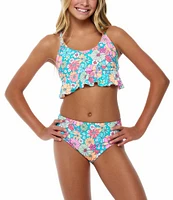 Beach Lingo Big Girls 7-16 Spaghetti Cross Back Straps Flower Printed Bralette Top & Hight Waist Bottom Two-Piece Swimsuit